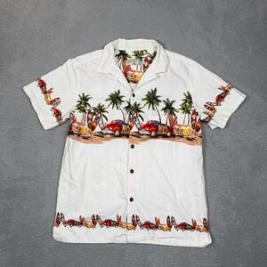 High Surf Mens Large White Tropical Woody Car Surfboard Cotton Button Down Shirt